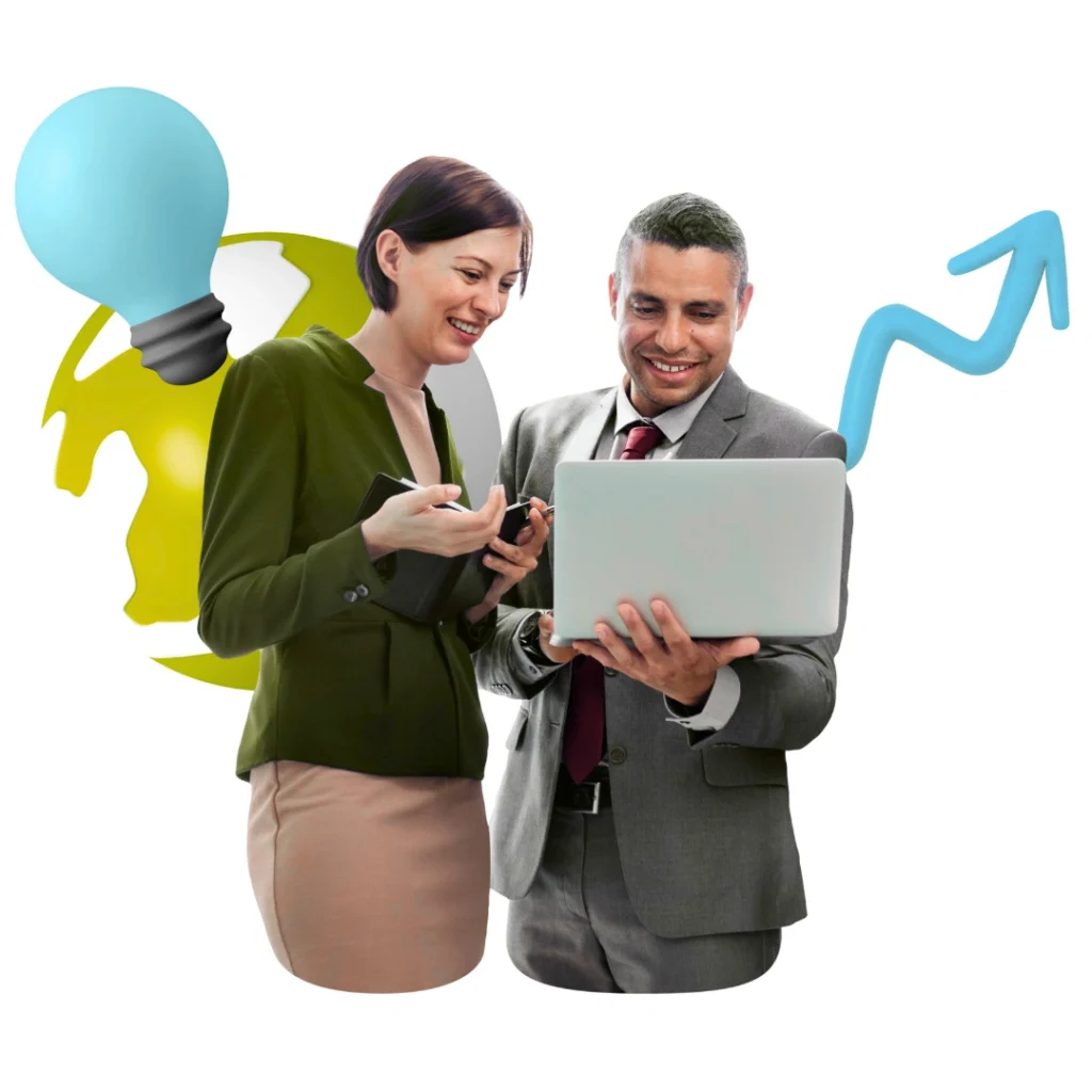 Professionals discussing digital strategy with upward trend graphics and global marketing icons, representing a results-driven performance marketing firm.