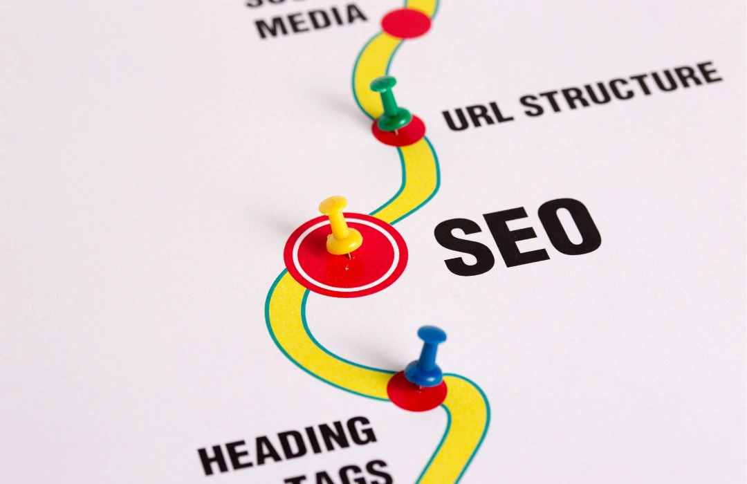 On-page SEO roadmap illustration with colorful pins marking key elements like heading tags, URL structure, and social media, representing MaSs – a Top SEO firm