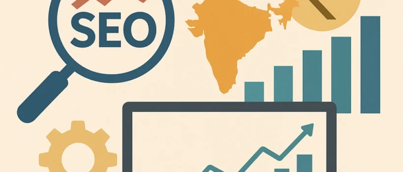 Illustration showing SEO trends, rupee symbol, and India map, highlighting SEO rates in India for 2025.