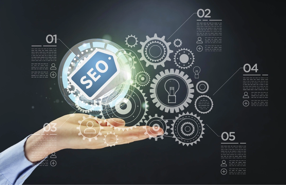 Digital SEO concept with gears and icons representing strategic search engine optimization processes by MaSs – a professional SEO company.