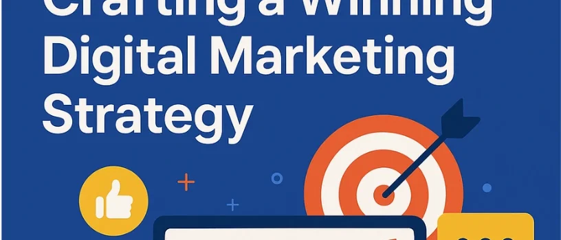 Illustration representing a Digital Marketing Strategy with icons of a computer showing growth charts, a megaphone, target, pie chart, and checklist on a blue background.