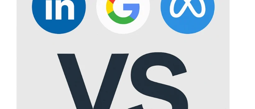Logos of LinkedIn, Google, and Meta displayed above a bold "VS" text, representing a comparison for "LinkedIn vs Google vs Meta Ad" to determine the best ads platform.
