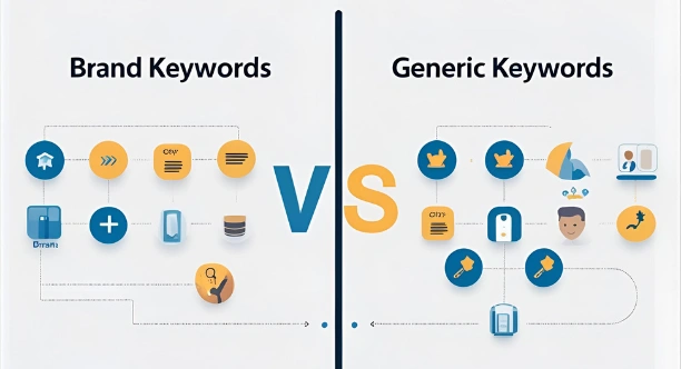 Visual comparison chart illustrating brand keywords vs. generic keywords, showing differences in icons representing search behavior, branding, and user interaction.